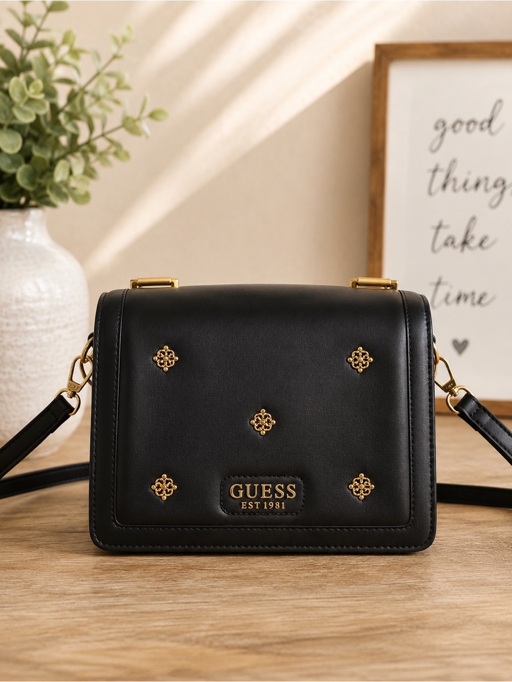 GUESS Black Crossbody Bag with Gold Accents and Stud Detail